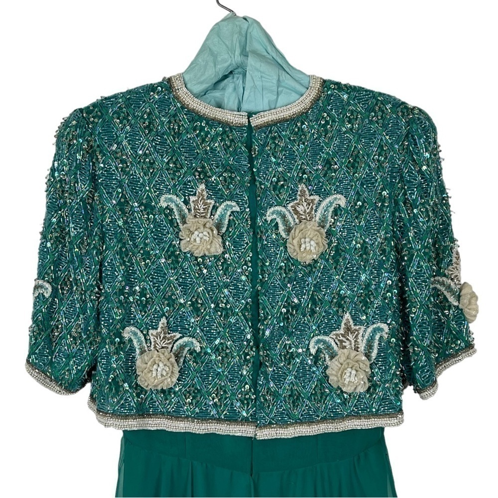 VINTAGE RICHILENE 70S SILK CHIFFON BEAD EMBELLISHED AQUA FORMAL EVENING GOWN - Picture 8 of 16